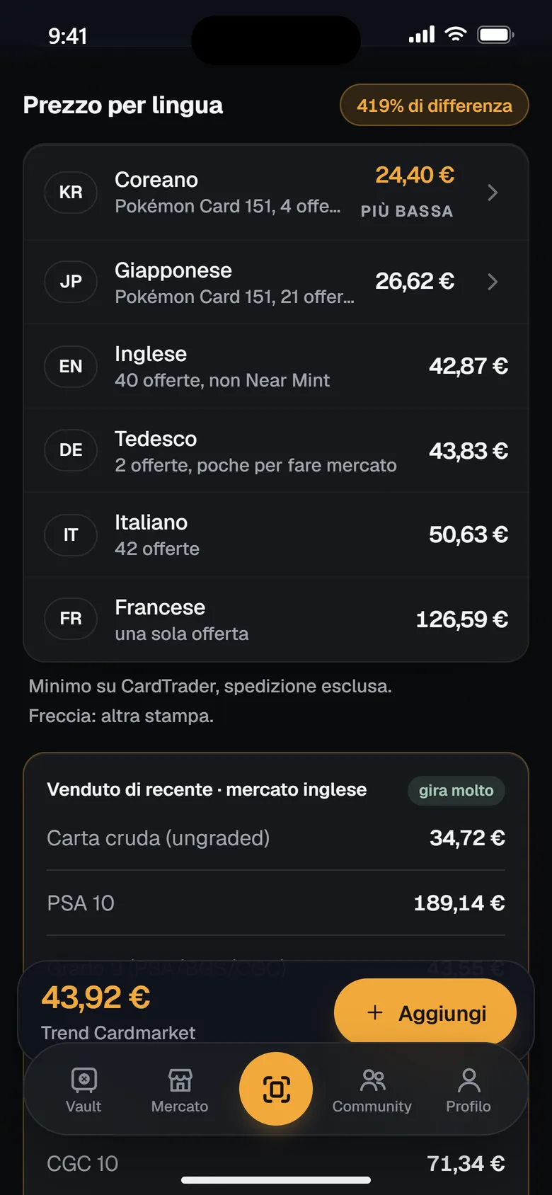 Il prezzo per lingua di una carta