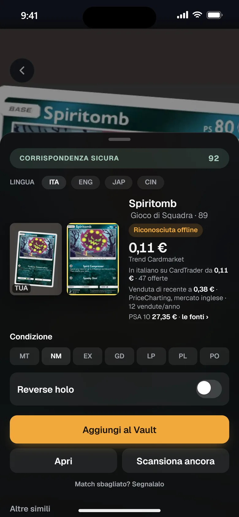 Lo scanner ha riconosciuto la carta e mostra nome, set e prezzo