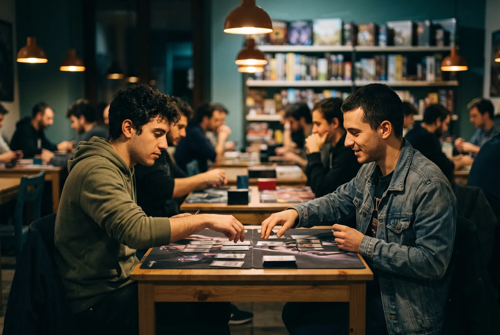 Due giocatori a un tavolo da torneo in un negozio di carte