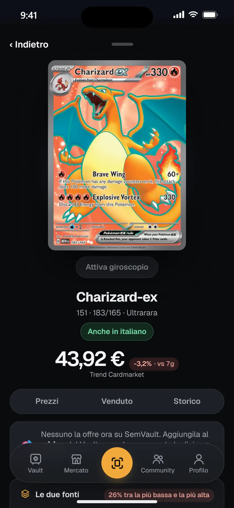 La scheda di una carta in SemVault: prezzo in euro e andamento